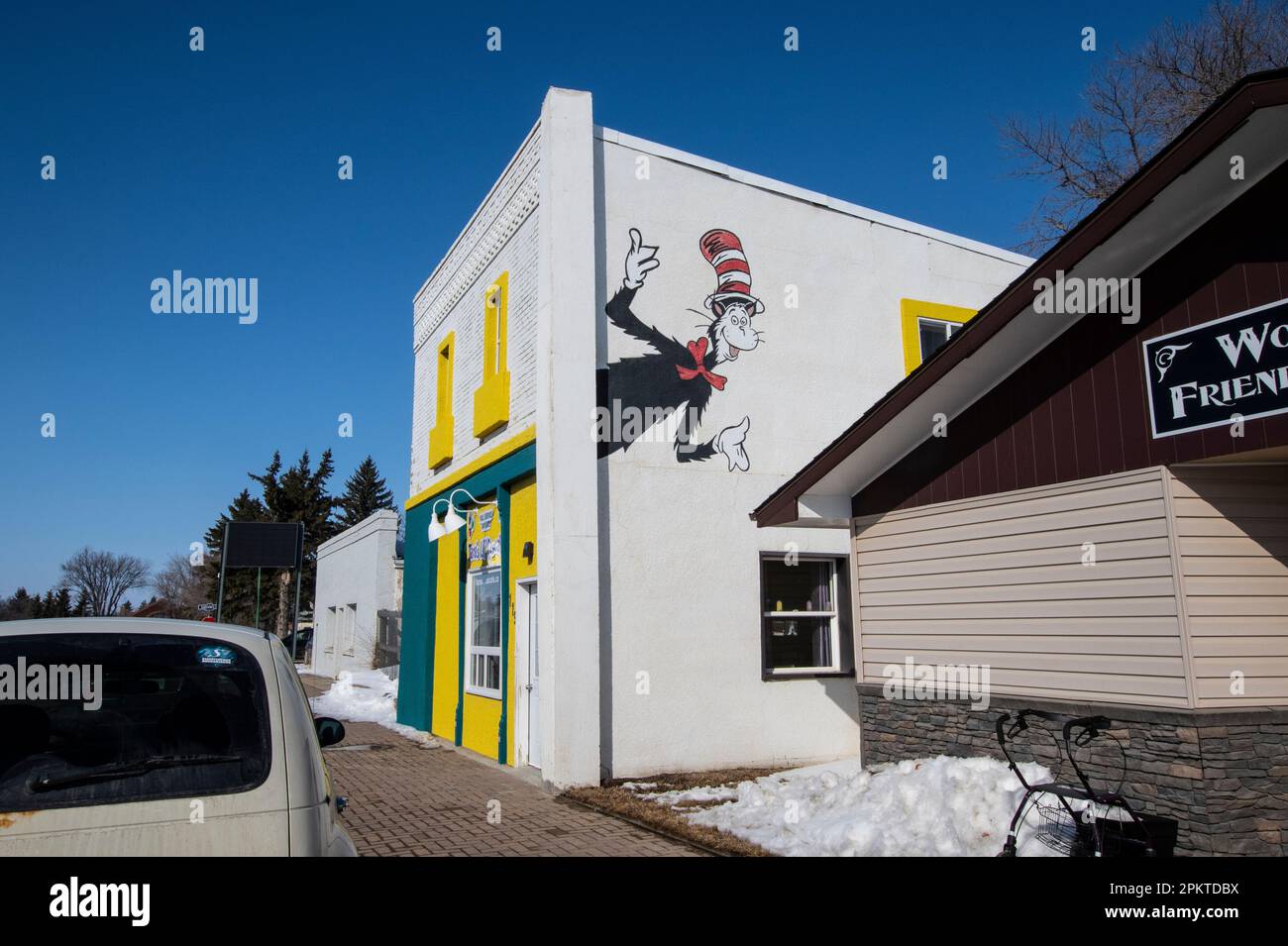 Dr. Seuss Cat im hat-Wandbild an einem Gebäude in Downtown Wolseley, Saskatchewan, Kanada Stockfoto