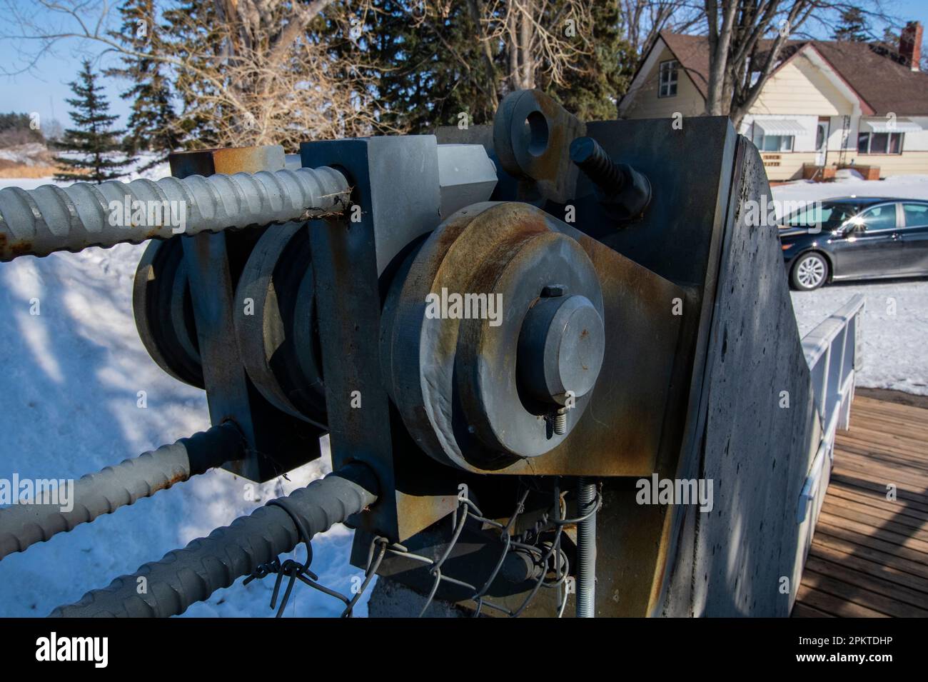 Ingenieurstruktur der Wolseley Swinging Bridge in Wolseley, Saskatchewan, Kanada Stockfoto