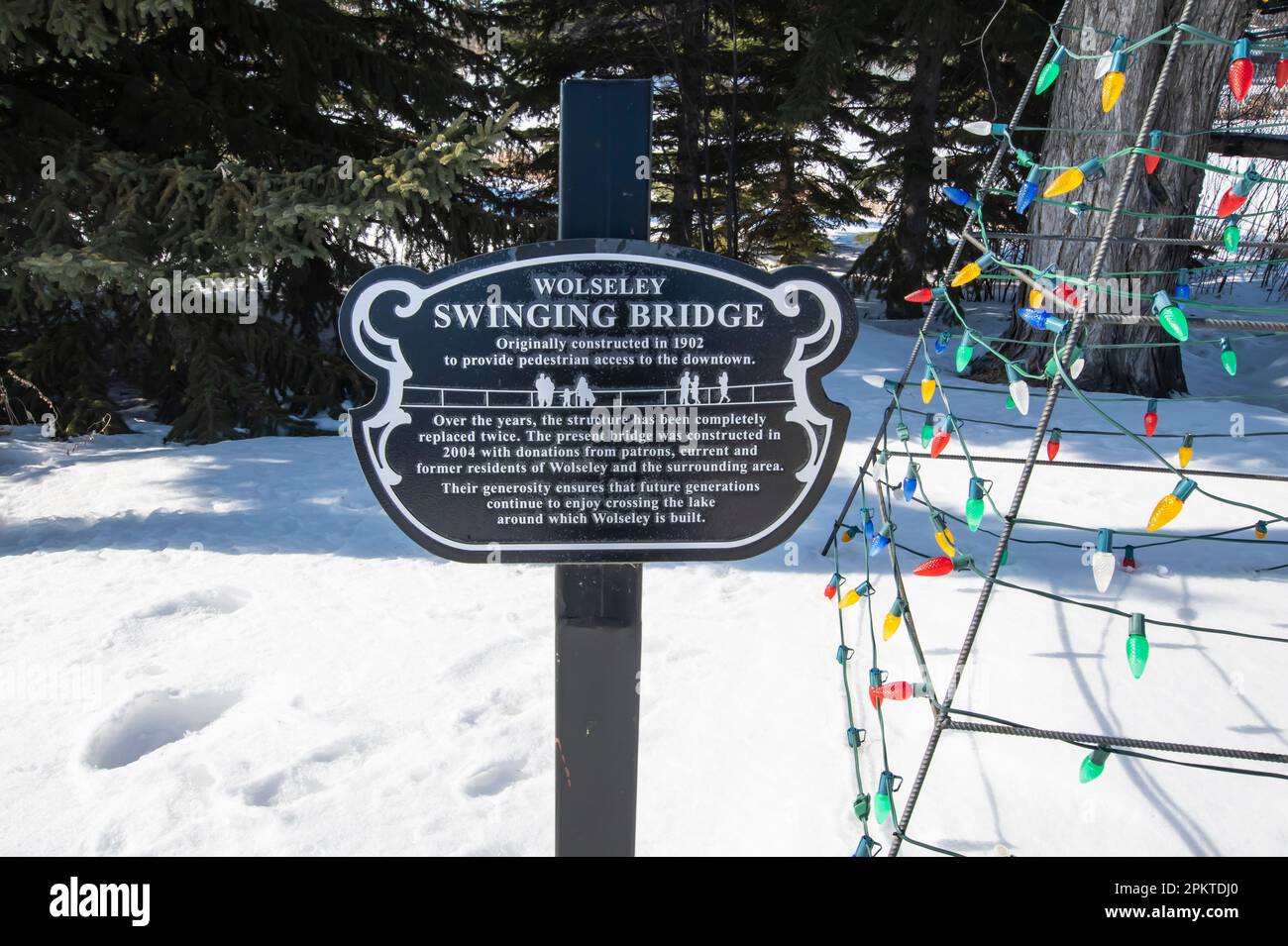 Wolseley Swinging Bridge Schild in Wolseley, Saskatchewan, Kanada Stockfoto