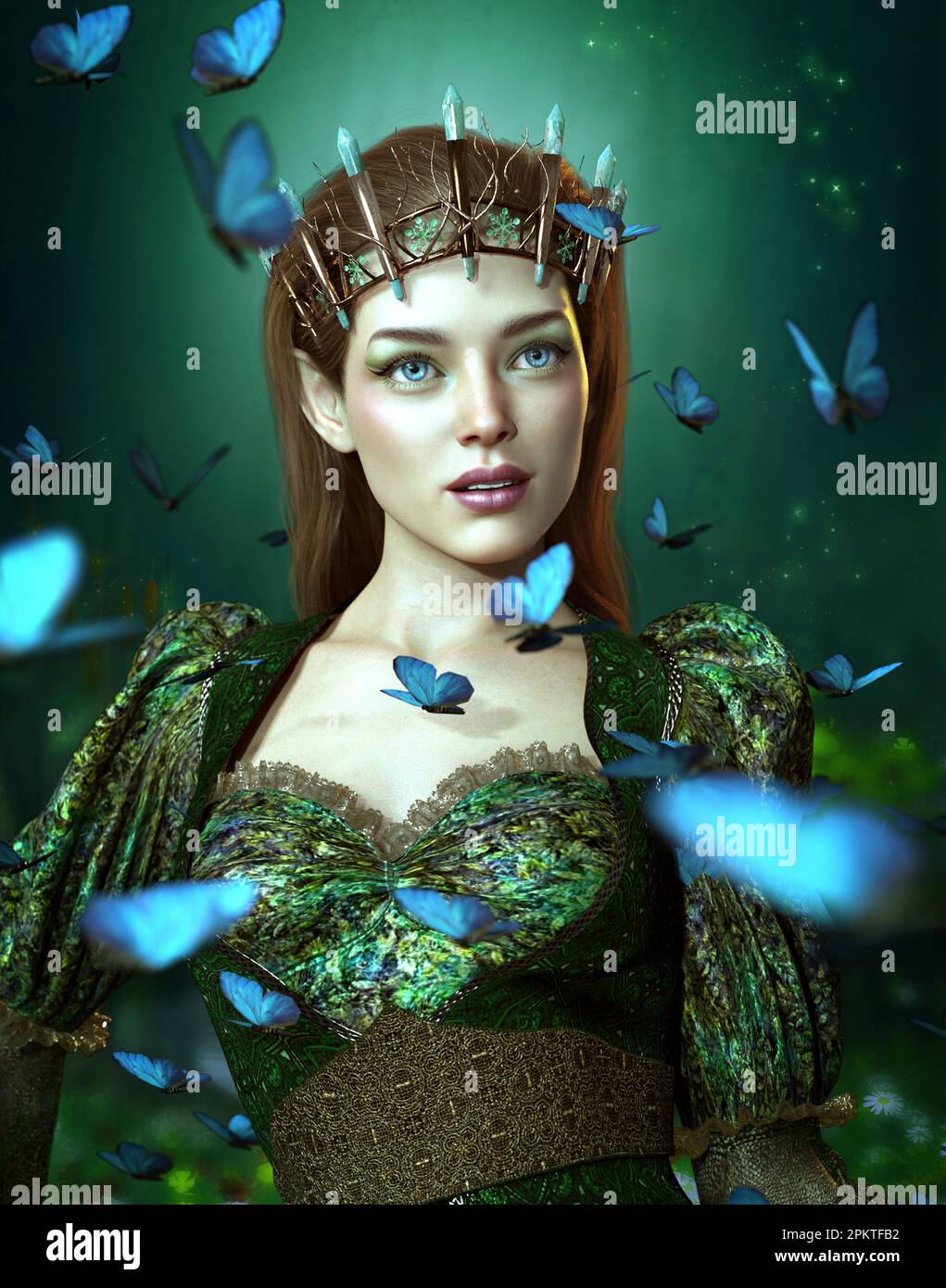 3D-Computergrafiken einer Feenkönigin mit Schmetterlingen (NICHT von KI erzeugt) Stockfoto