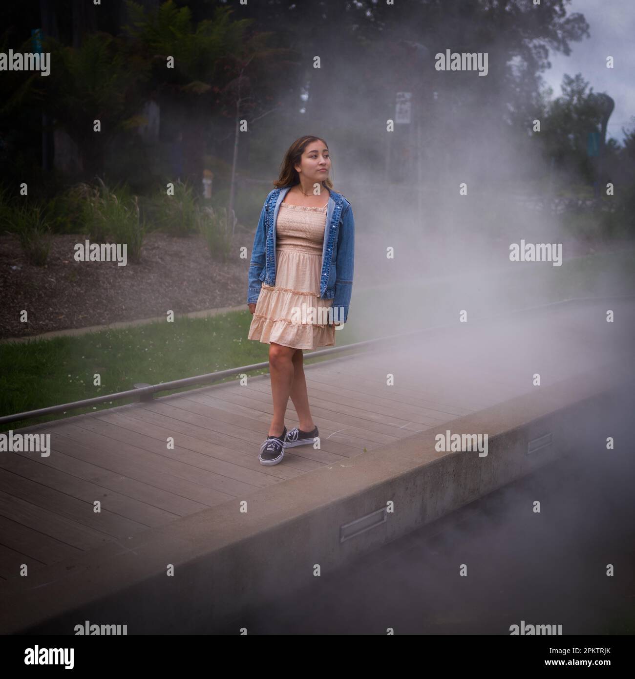 Asiatische Teenager auf dem Misty Walkway | De Young Museum Gardens | Weiblich | kurze Denim-Jacke Stockfoto