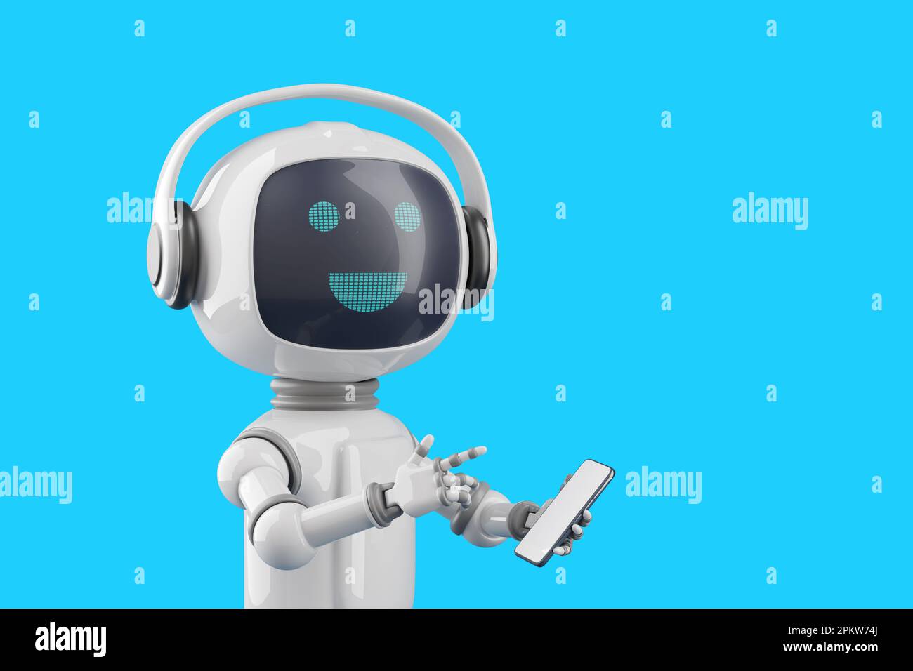 Freundlicher Chatroboter im Cartoon-Stil mit Mobiltelefon. 3D Abbildung. Stockfoto