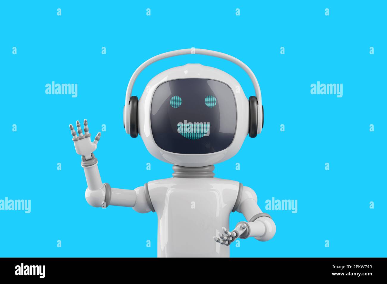 Freundlicher Chatroboter im Cartoon-Stil, der hallo winkt. 3D Abbildung. Stockfoto