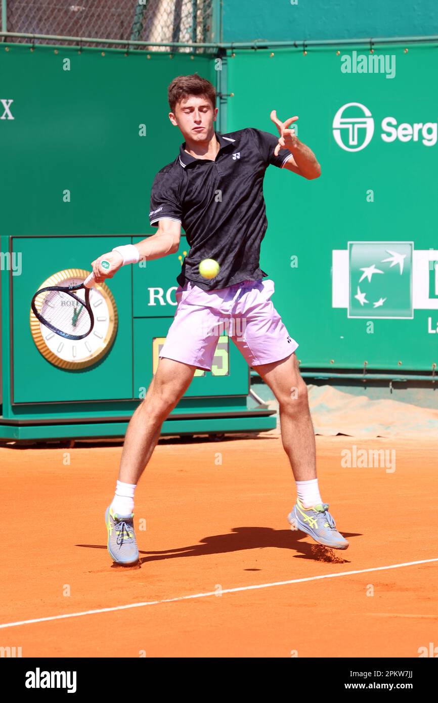 Monaco, Monaco. 09. April 2023. MONACO, Monte Carlo Tennis Masters auf 9. April 2023; Luca NARDI von Italien gegen Oscar OTTE von Deutschland bei den Qualifizierungen am Gericht Rainier III, 2023 Monte-Carlo Mastern, Bild: Luca NARDI ATP Montecarlo 2023, Luca Nardis verrücktes Comeback! Das blaue Symbol besiegt Otte und tritt in das Bild mit der Haupthaftungsgebühr ein, das Copyright Thierry CARPICO/ATP Images. (CARPICO Thierry/ATP/SPP) Kredit: SPP Sport Press Photo. Alamy Live News Stockfoto