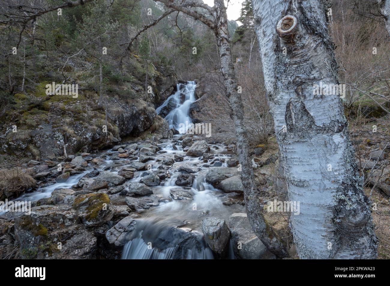 Wasserfall im Naturpark Comapedrosa in Arinsal, La Massana, Andorra. Stockfoto