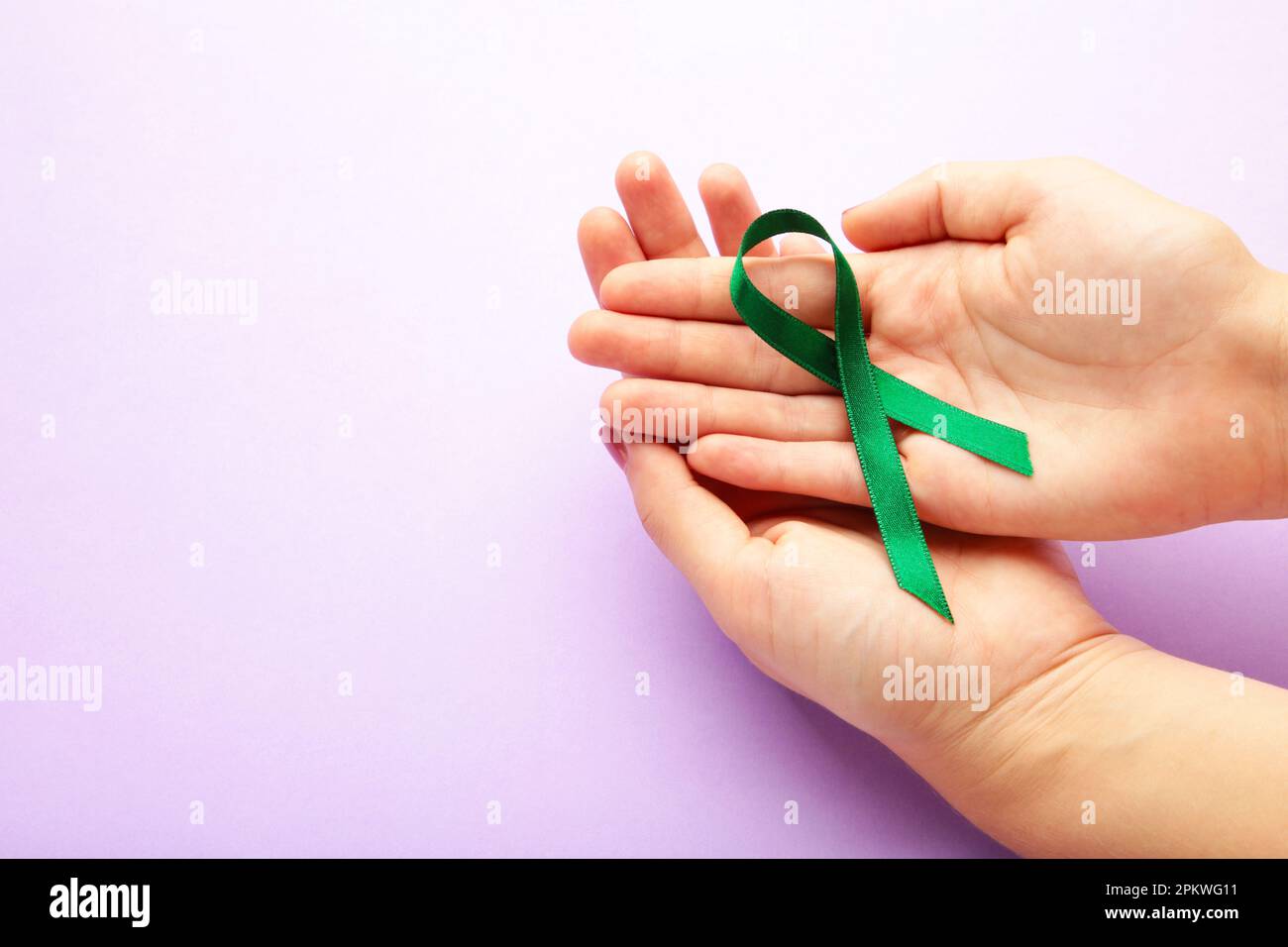 Gesundheits- und Medizinkonzept - weibliche Hände halten grünes Organtransplantat-Awareness-Band. Draufsicht Stockfoto