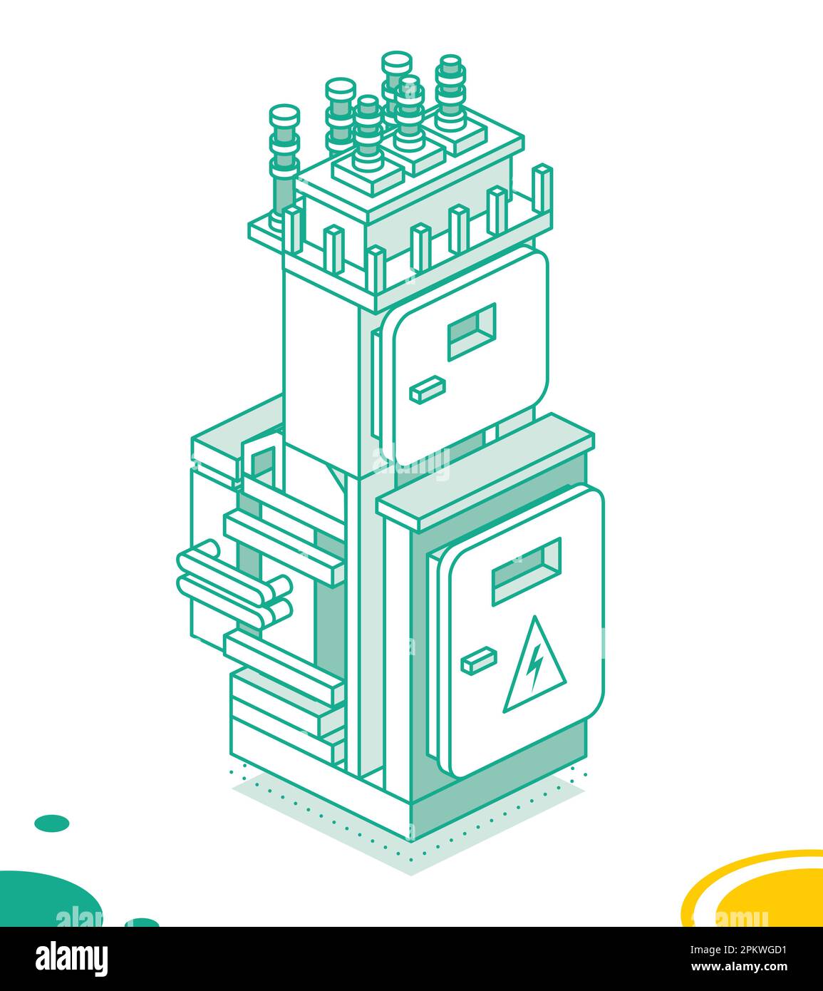 Isometrischer Elektrischer Transformator. Energiekonzept Skizzieren. Hochspannungsstation isoliert auf Weiß. Vektordarstellung. Stock Vektor