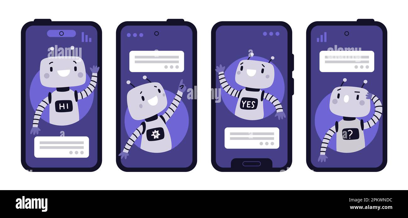 Chatbot im Telefon. Komischer android-Assistent. Unterstützt Anwendung mit virtuellem Robotermaskottchen. Freundlicher Cyborg. KI-Technologie. Chat-Hilfe-Dialogfeld. Zeichentrickfilm Stock Vektor