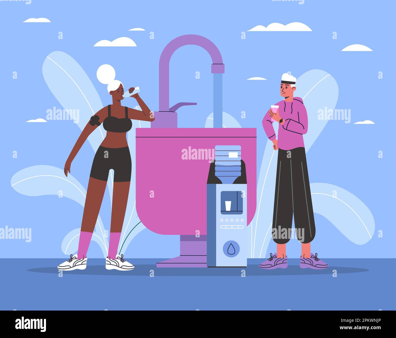 Trinkwasser. Cartoon-Athleten löschen ihren Durst. Menschen mit Glas oder Flasche. Hydratation des Körpers. Trinkbarer Wasserkühler und Springbrunnen. Durstig Stock Vektor