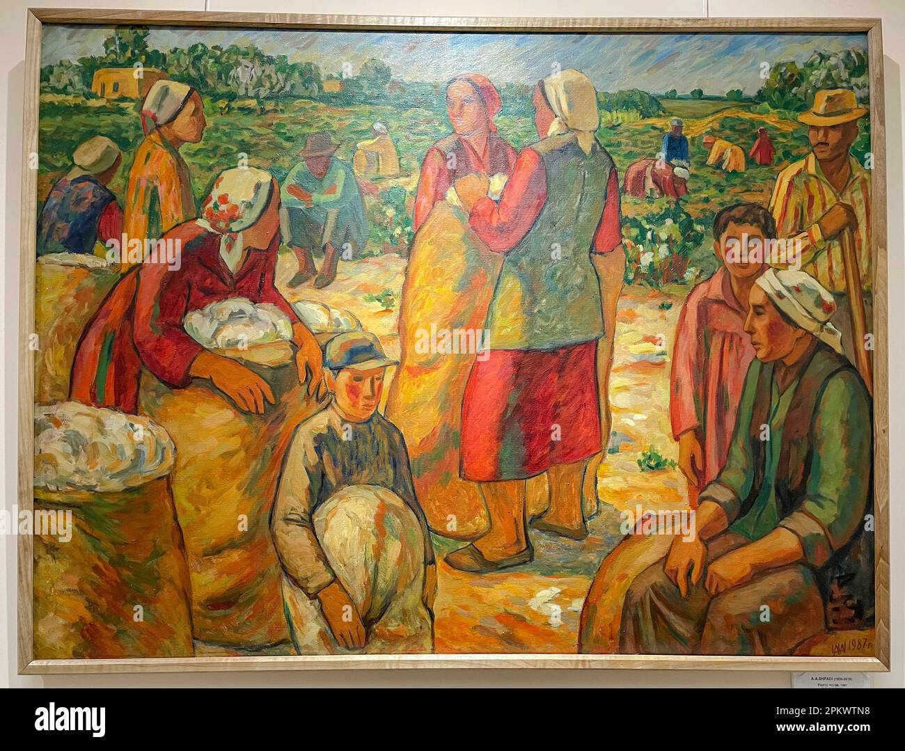 Ein Gemälde von AA Shpadi mit dem Titel "Baumwollpflücken". Im Savitsky State Museum of Arts der Republik Karakalpakstan in Nukus, Usbekistan. Stockfoto