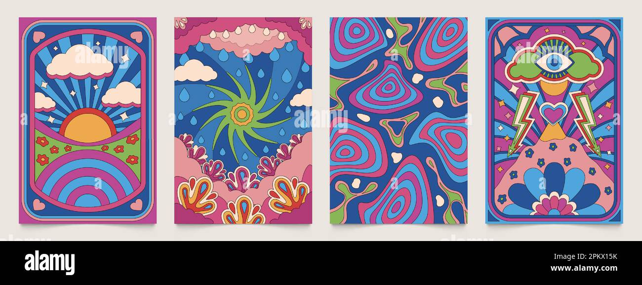 Psychedelische Retro-Poster. Abstraktes 1970er-Hippie-Collage-Banner, farbenfrohe 70s-Banner mit geometrischen Blumenformen. Vector Acid Hippie Flyer Kollektiv Stock Vektor