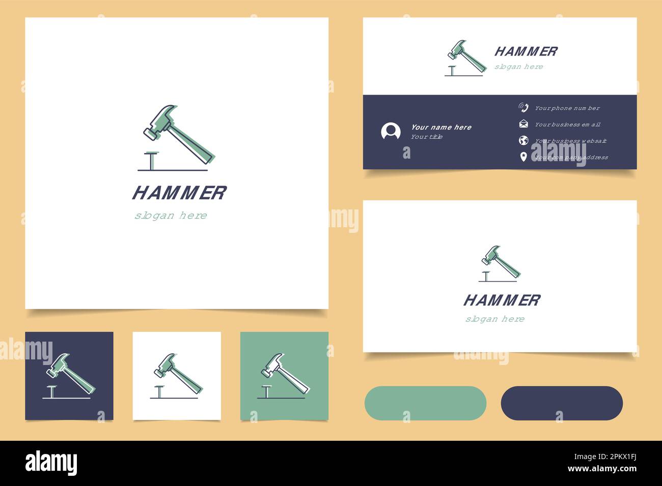 Hammer-Logo mit editierbarem Schriftzug. Branding-Buch und Visitenkartenvorlage. Stock Vektor