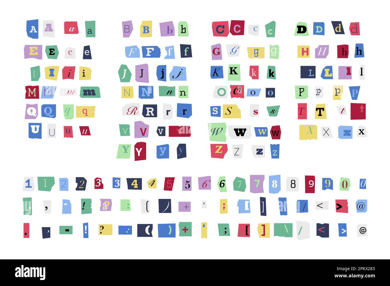 Lösegeld-Schriftart. Farbige Groß- und Kleinbuchstaben, Zahlen und Satzzeichen, ausgeschnittenes Erpressungsalphabet Vektor anonyme Schriftart von t Stock Vektor