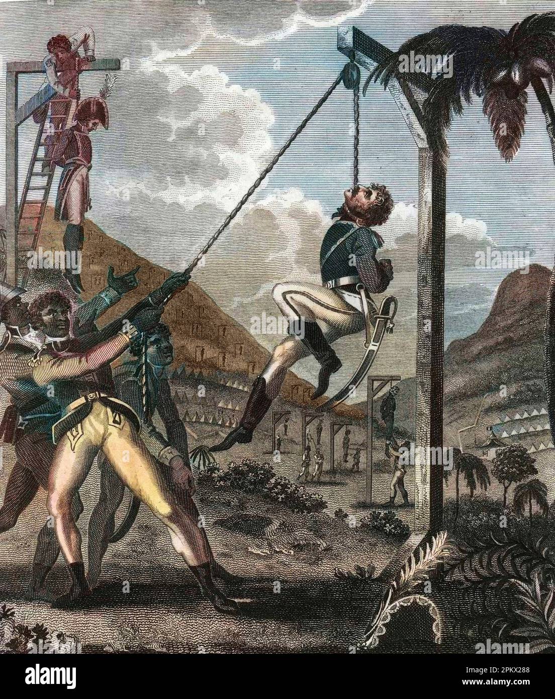 Die haitianische Revolution - Revolution haitienne (1791-1803) - Vengeance de l'Armée Noire pour les cruautes Übungen sur elle par les Francais". Die Haitianische Revolution. Sklavenrebellion im Jahr 1791 - aus „an Historic Account of the Black Empire of Haiti“ 1805 - graviert nach Inigo Barlow Stockfoto