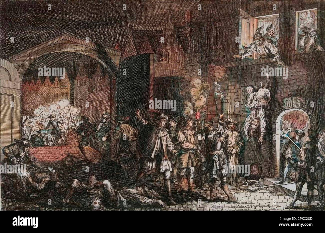 St. Bartholomew's Day Massacre - Massacre de la saint Barthelemy - Scène de la Saint Barthelemy dans les rues de Paris, en 1572. d'apres une Gravure du 16eme siecle Stockfoto