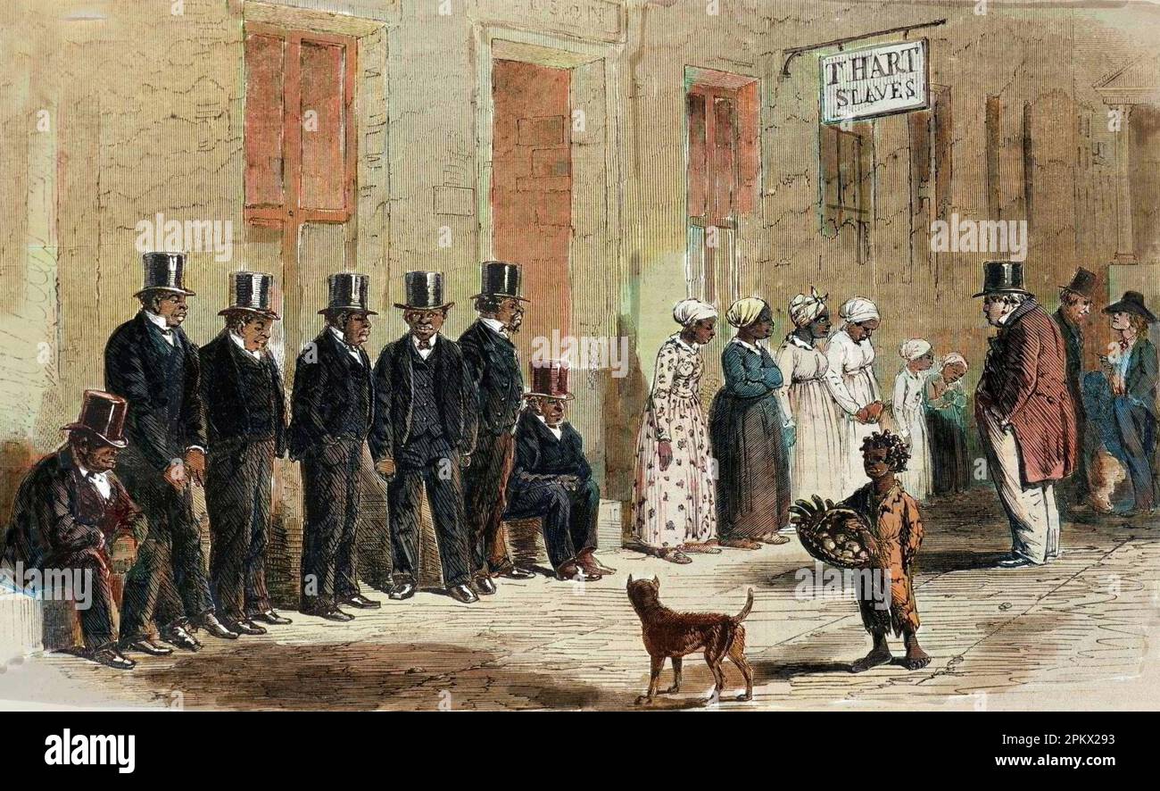 Repräsentation d'une vente d'esclaves. Gravure coloree du 19eme siecle Stockfoto