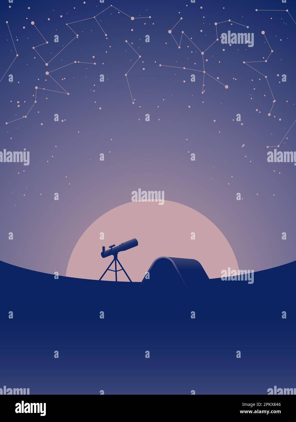 Observatoriumcampen mit Teleskop und Zelt vor dem Hintergrund von Mond und Sternenhimmel. Astronomische Beobachtungen. Stock Vektor