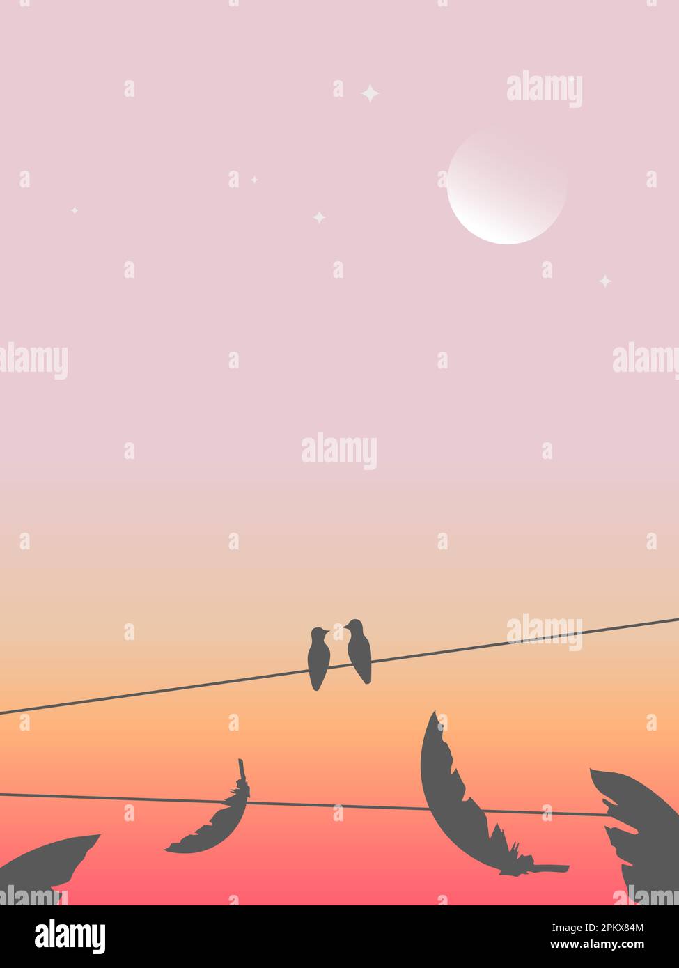 Abbildung von zwei Vögeln, die auf einer Drahtseile sitzen, vor dem Hintergrund des farbenfrohen Abendhimmels, des Mondes und der herabfallenden Federn. Stock Vektor