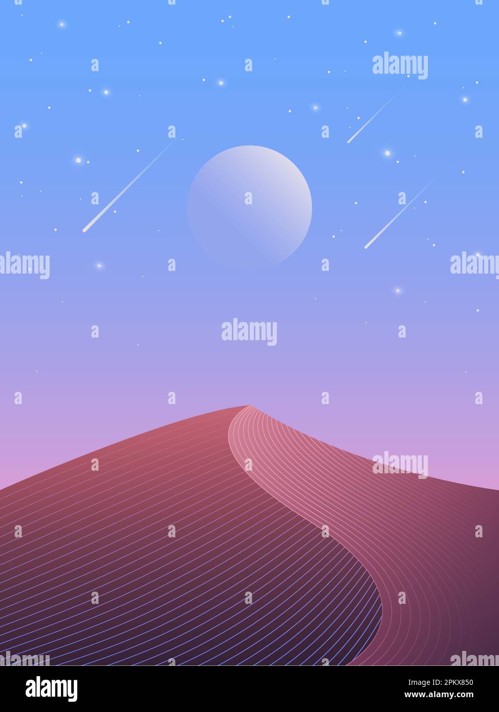 Illustration der nächtlichen Wüste mit Blick auf Sanddünen, Vollmond und den Sternenhimmel. Stock Vektor