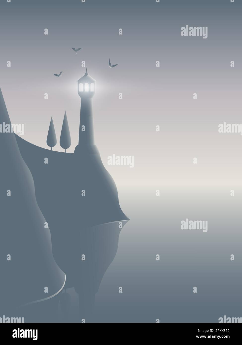 Illustration eines geheimnisvollen Leuchtturms im Nebel auf der dunklen Klippe, einer Schar von Möwen und ruhigem Wasser in grauen Farben. Stock Vektor