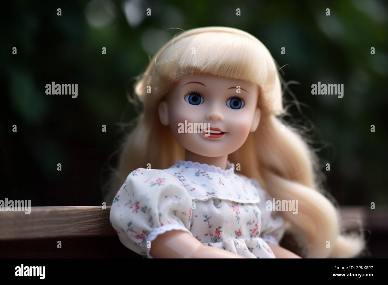 Eine Nahaufnahme einer hübschen, lächelnden blonden Puppe, die auf einer Parkbank sitzt. Stockfoto