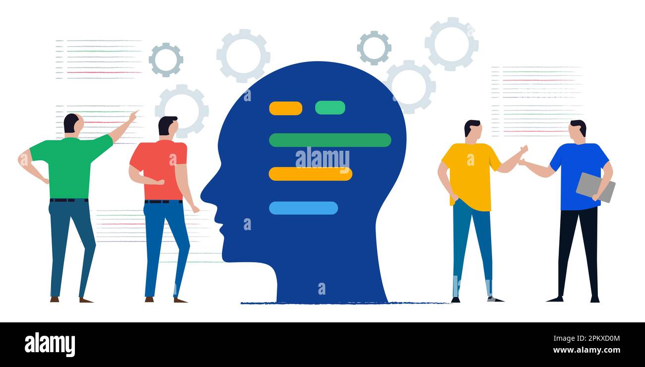Forschungsteam für künstliche Intelligenz in verschiedenen Farben diskutieren Codierungscode im Kopf analysieren Stock Vektor