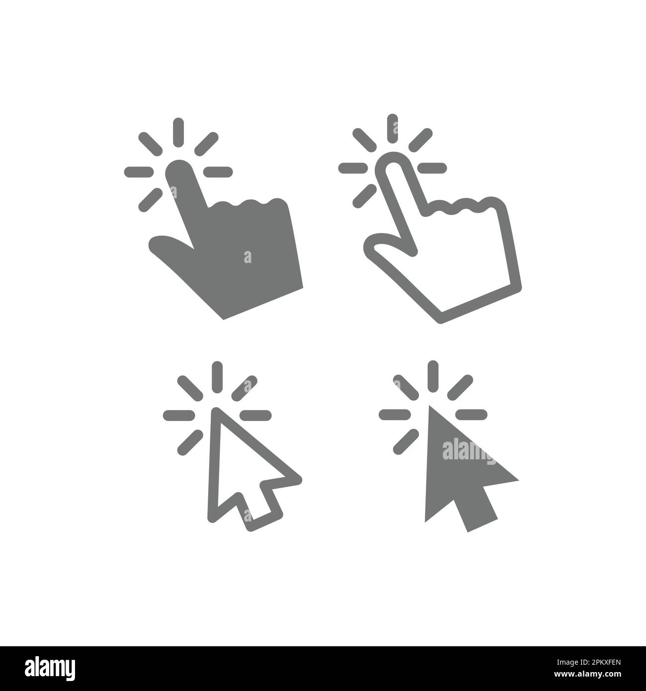 Mauszeiger und Pfeil klicken auf Linie und Füllvektor Symbolsatz. Klicken Sie mit dem Cursor auf die Umrisssy Stock Vektor