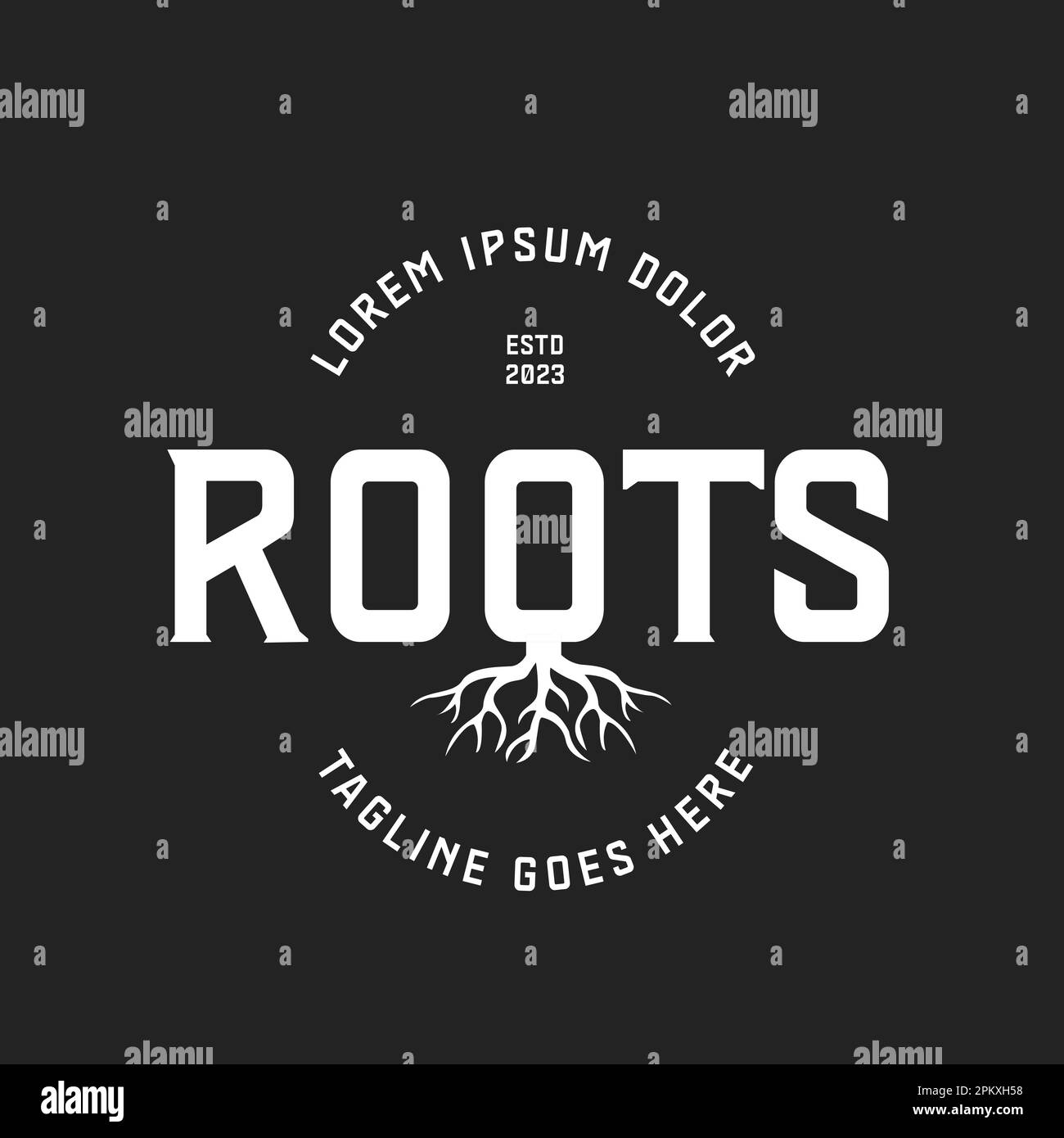 Retro Roots Logo-Schriftzug im Vintage-Stil mit dunklem Hintergrund Stock Vektor