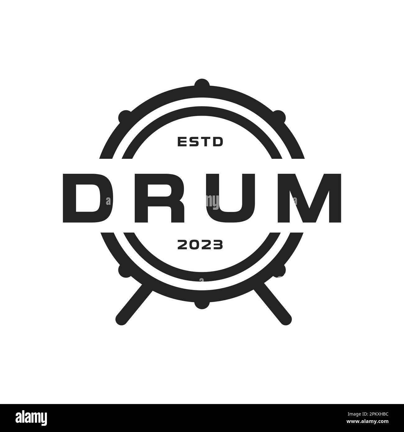 Aufregendes und dynamisches Logo-Design für eine Trommelschule, die sich darauf spezialisiert hat, Schülern das Spielen von Rockmusik beizubringen. Stock Vektor