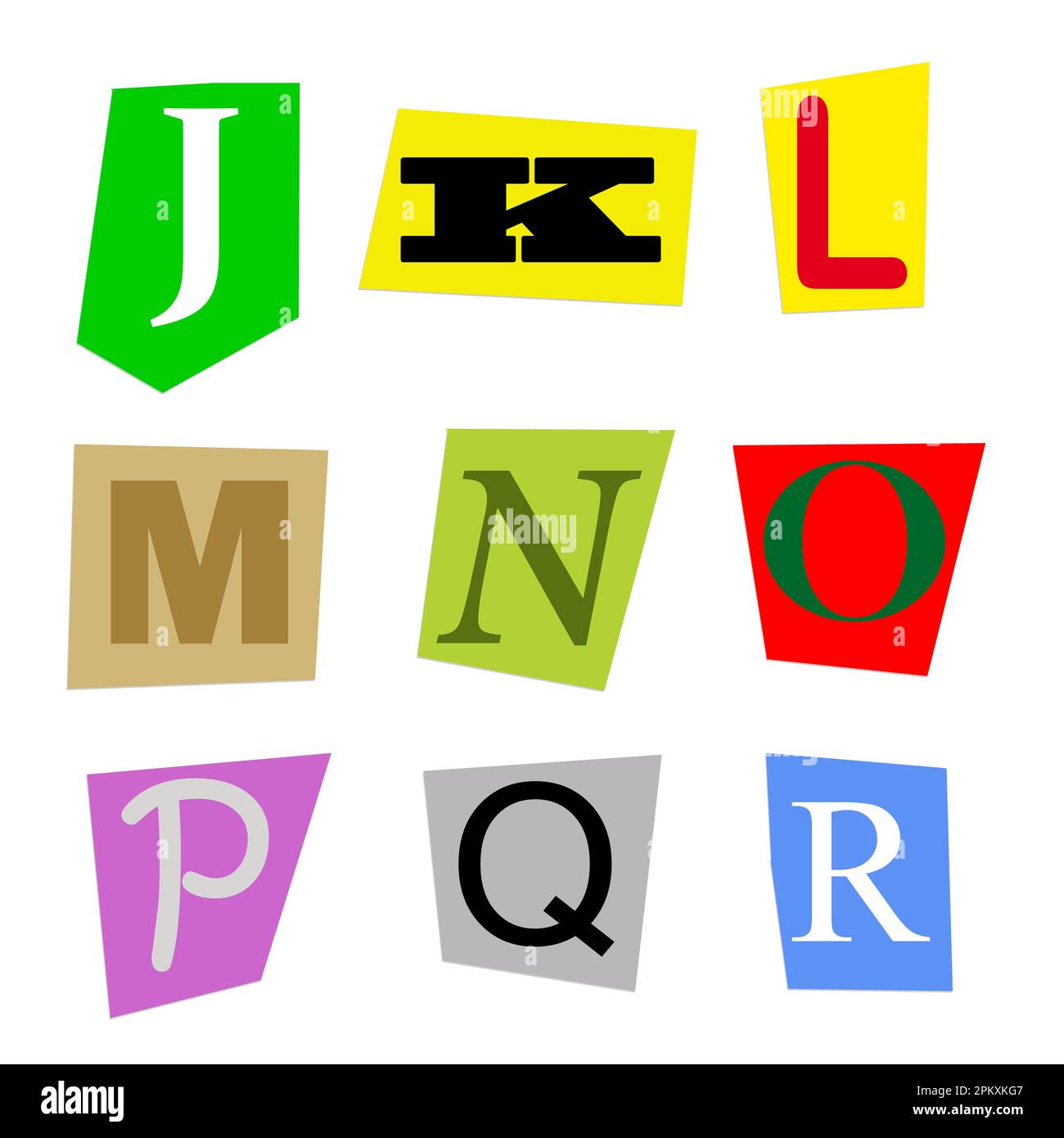 Farbenfrohes Alphabet von den Zeitschriftenbuchstaben J bis R in hoher Auflösung ausgeschnitten Stockfoto