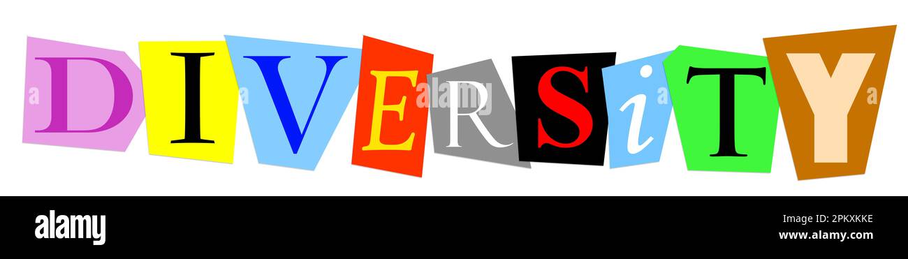 Diversität mit bunten, überlappenden ausgeschnittenen Buchstaben Stockfoto
