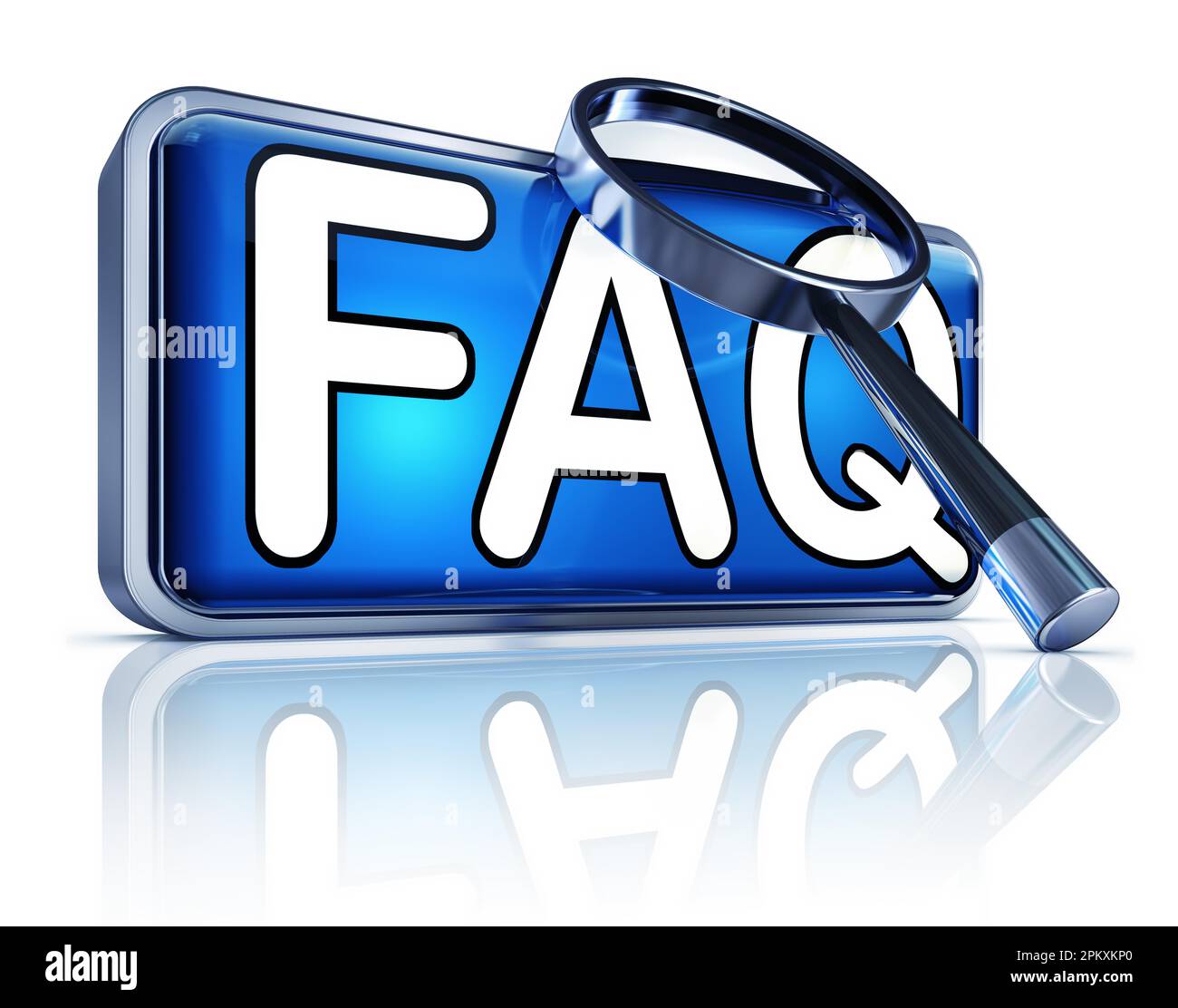 3D-Darstellung eines FAQ-Symbols mit einer Lupe Stockfoto