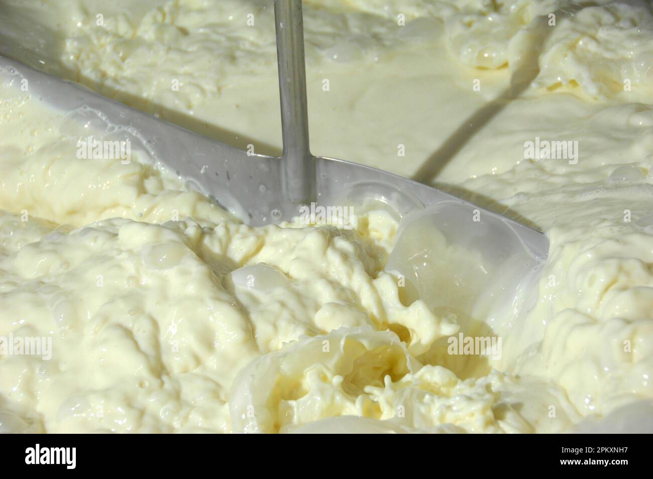 Milchwirtschaft, Nahaufnahme von Milch, die in Massentankschiffen umgerührt wird, England, Vereinigtes Königreich Stockfoto