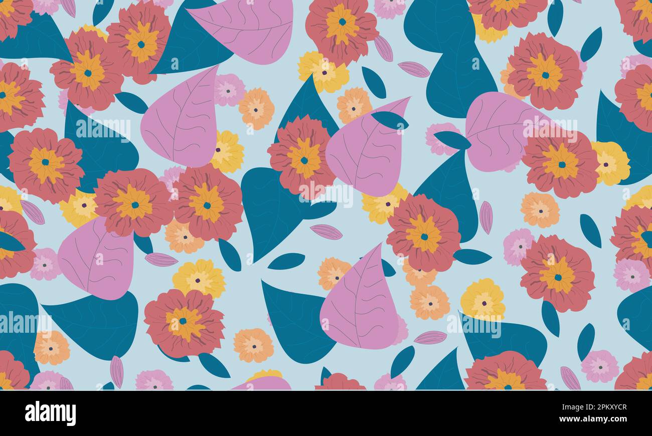 Modernes, farbenfrohes, nahtloses Blumenmuster im Retro-Stil. Süßes, botanisches, abstraktes, zeitgenössisches, nahtloses Blumenmuster. Handgezeichneter, einzigartiger Aufdruck Stock Vektor