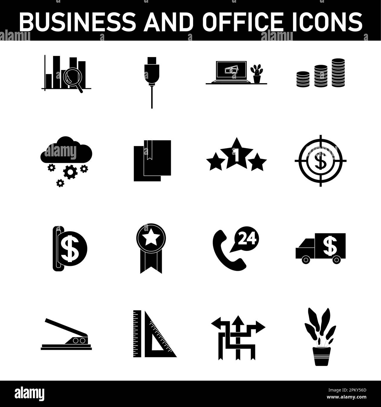 Sammlung einfacher Symbole zum Thema: Geschäft und Büro. Isoliert auf weißem Hintergrund. Stockfoto