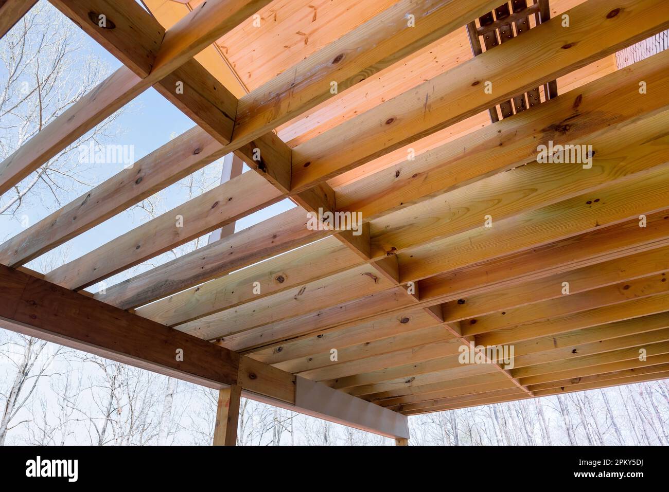 Detaillierte Anordnung der neuen Fußbodenträger, die für eine Holzterrasse im zweiten Stock gebaut wurden. Neues maßgeschneidertes Haus Stockfoto
