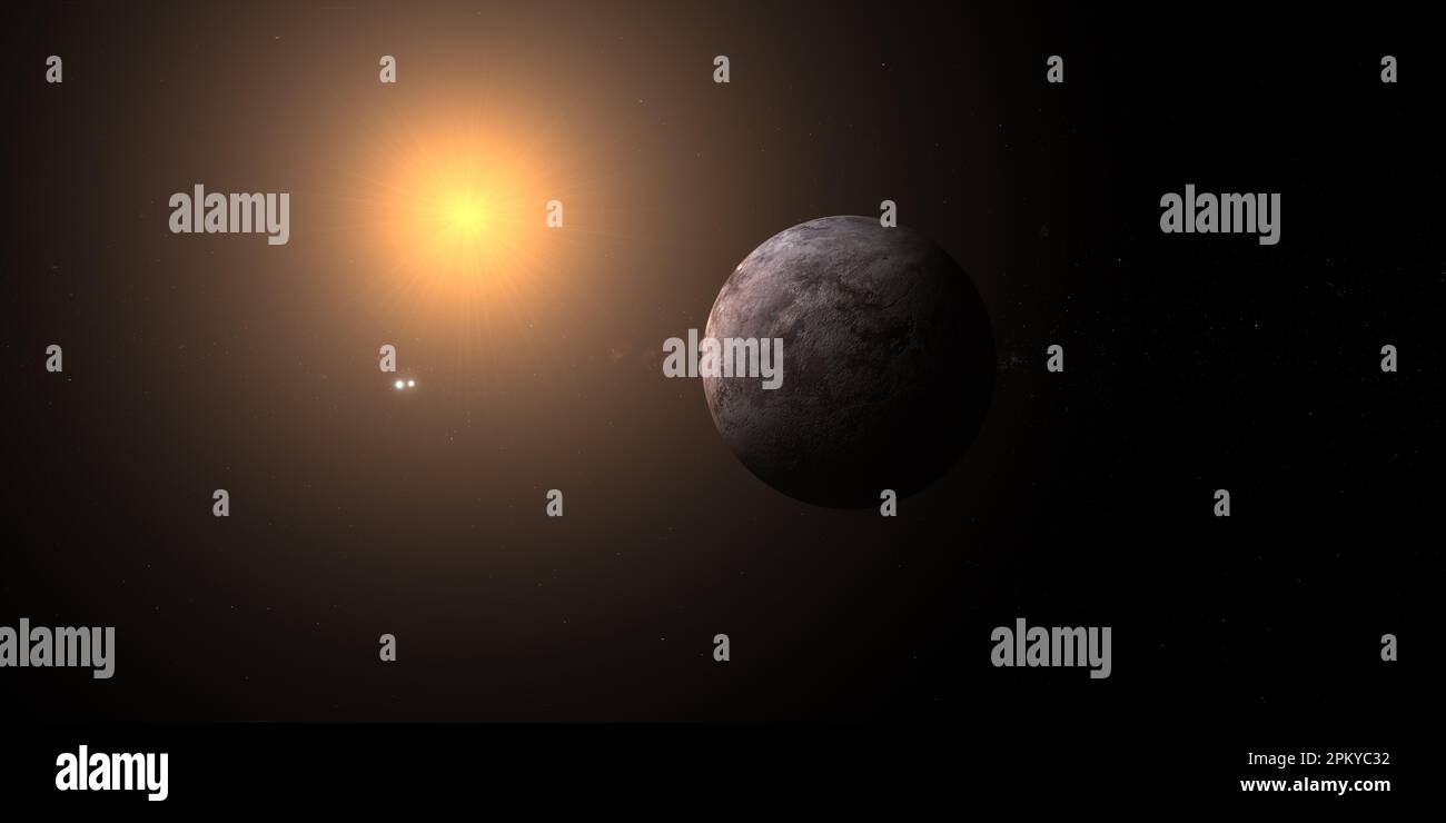 Exoplanet Proxima Centauri b mit Alpha Centauri binärem Stern und rotem Zwergstern Stockfoto