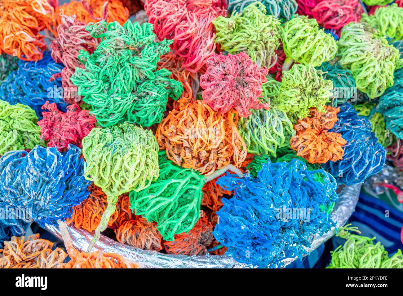 Farbige, getrocknete Algenrose von Jericho (Selaginella lepidophylla) in Form von dekorativen Kugeln auf dem Straßenmarkt. Stockfoto