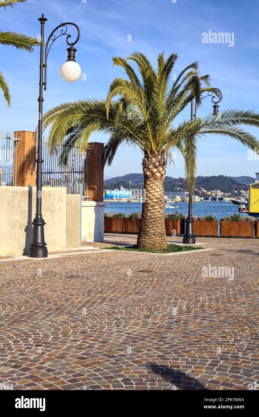 Palme und eine Straßenbeleuchtung auf einem Pier mit einem gelben Schiff dahinter bei Sonnenuntergang Stockfoto