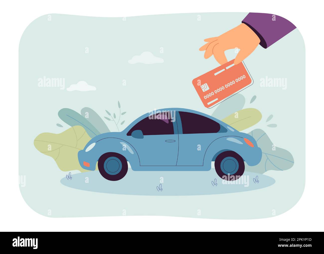 Abbildung: Menschliche Hand hält Debitkarte über dem Fahrzeug Stock Vektor