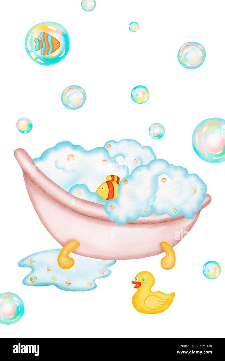 Vertikale Zusammensetzung von pinkfarbenem Bad, Seifenschaum, Badespielzeug (Fisch und Ente), Blasen und Pfützen - wasserfarbige, isolierte Illustrationen. Einfaches, gemütliches Design Stockfoto