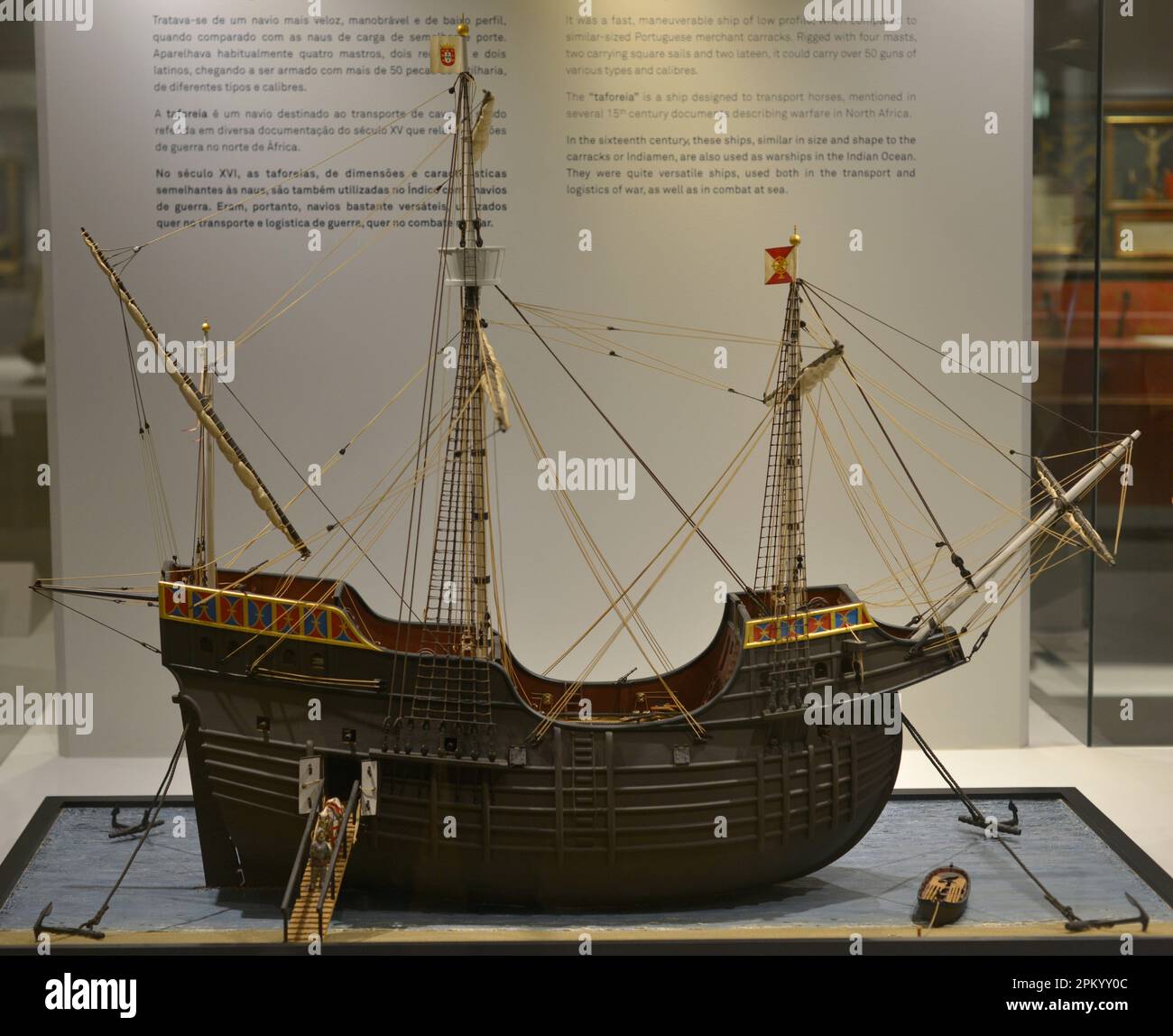 Taforeia-Schiff. Pferdetransportschiff, auch für den Kampf auf See. Modell. Schifffahrtsmuseum. Lissabon, Portugal. Stockfoto