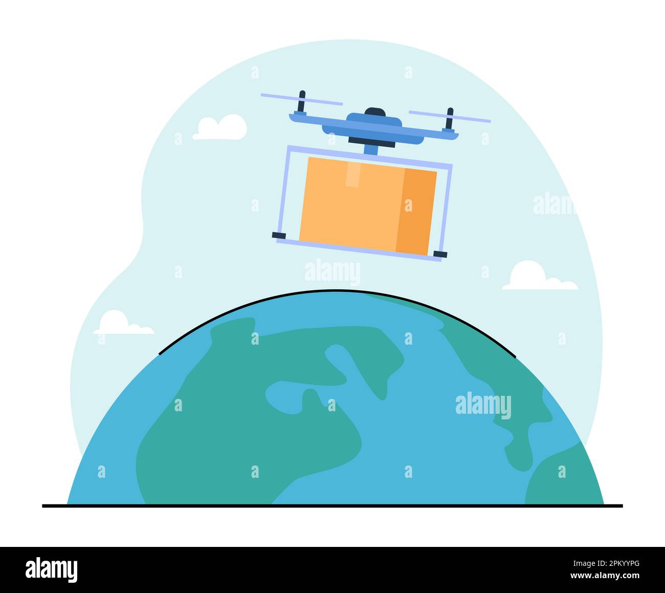 Drohne, die Pakete rund um die Welt ausliefert, Flachvektordarstellung Stock Vektor