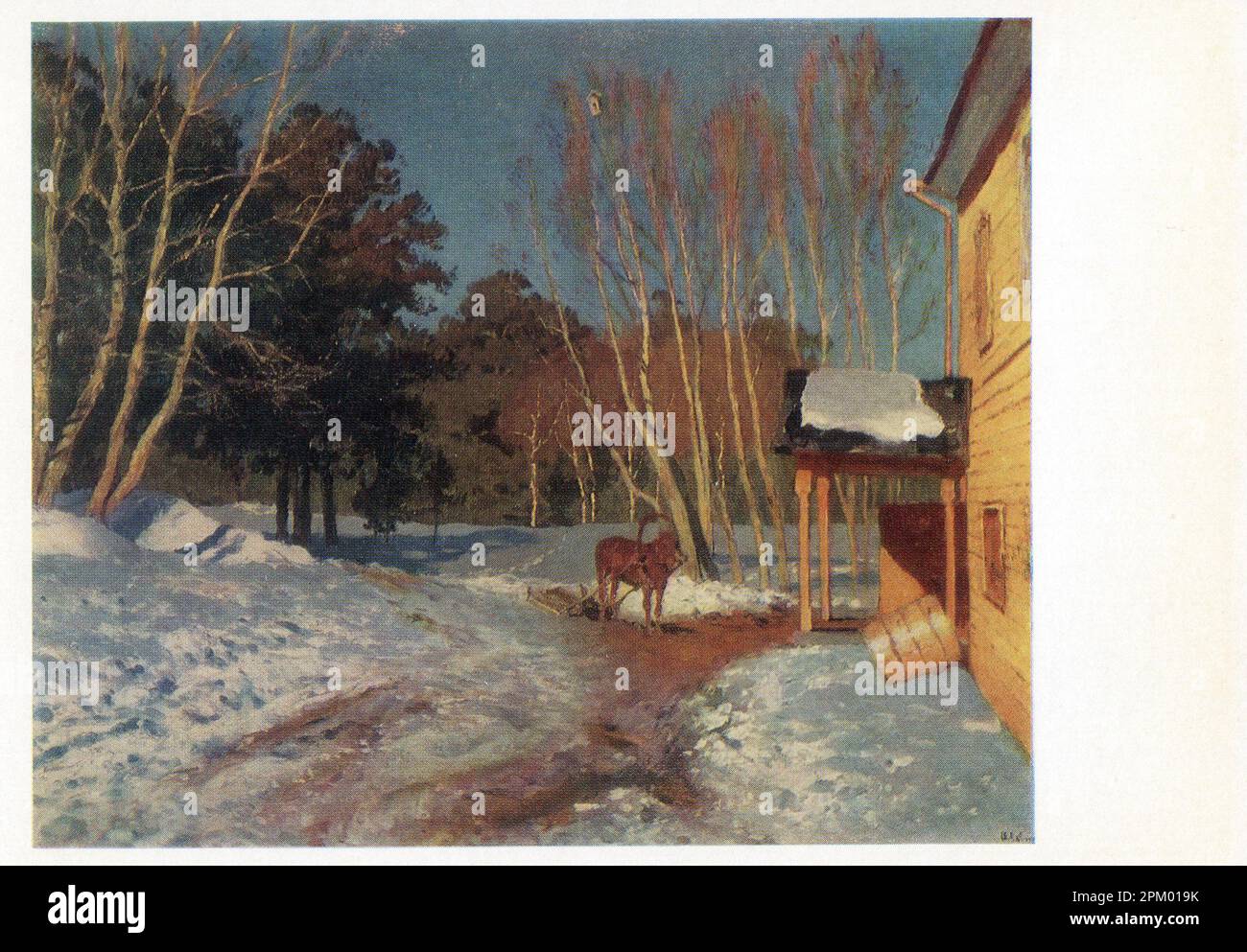 Alte Vintage-Postkarte der UdSSR, 1971. „March“ von Isaac Iljitsch Levitan (Russisch: Исаак Ильич Левитан; 30. August [O.S. 18. August] 1860 – 4. August [O.S. 22. Juli] 1900) war ein klassischer russischer Landschaftsmaler, der das Genre der „Marienlandschaft“ weiterentwickelte. Stockfoto