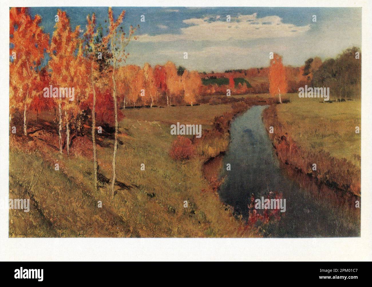 Alte Vintage-Postkarte der UdSSR, 1971. „Golden Autumn“ von Isaac Iljitsch Levitan (Russisch: Исаак Ильич Левитан; 30. August [O.S. 18. August] 1860 – 4. August [O.S. 22. Juli] 1900) war ein klassischer russischer Landschaftsmaler, der das Genre der „Marienlandschaft“ weiterentwickelte. Stockfoto