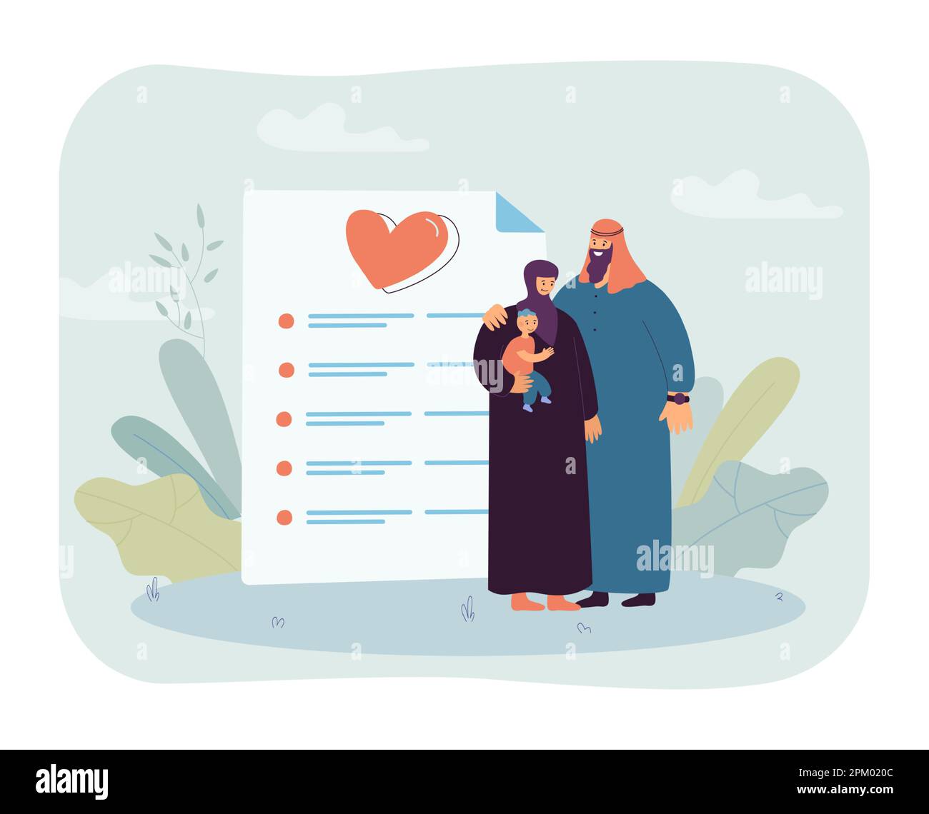 Muslimische Familie mit einem Kind, das fast einen riesigen Ehevertrag hatte Stock Vektor