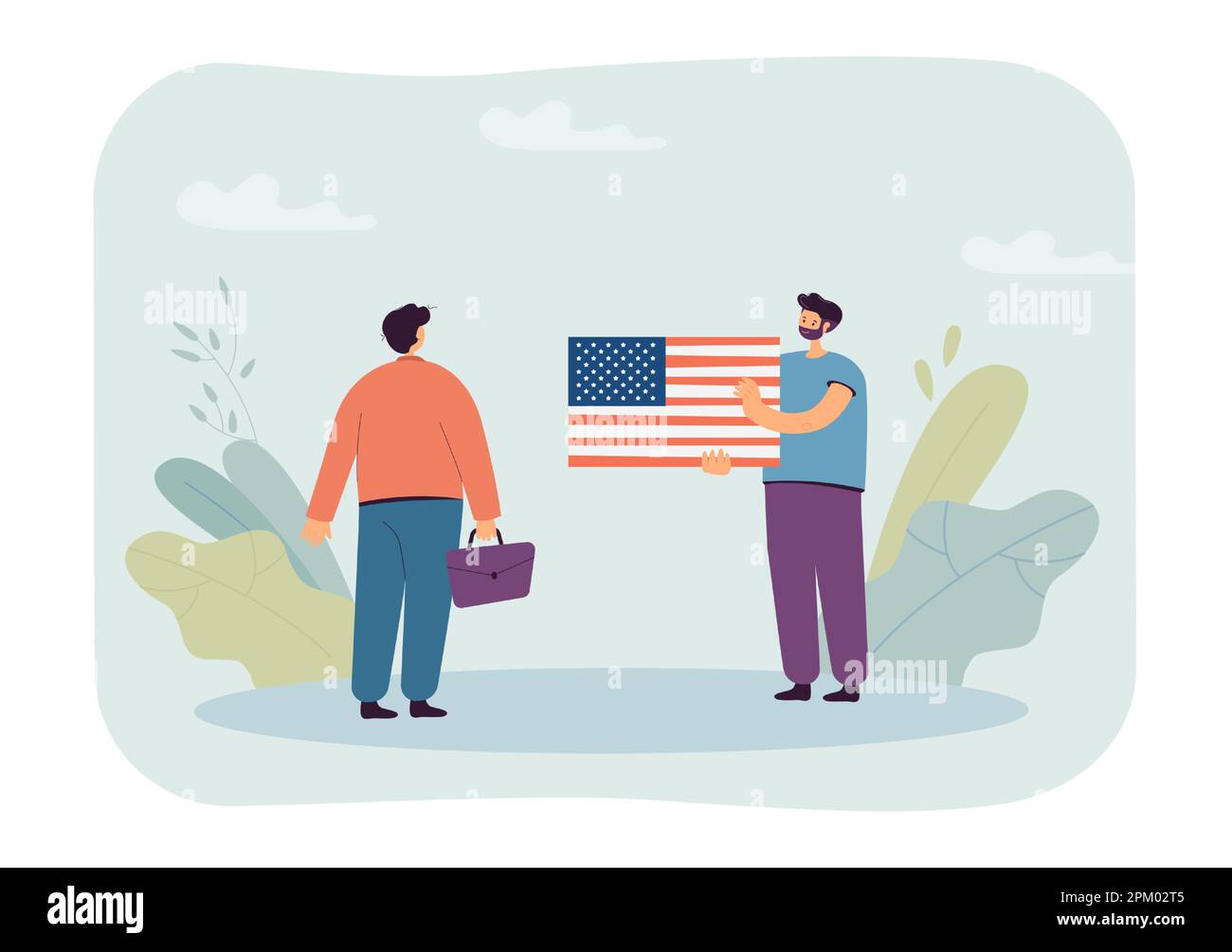Mann mit amerikanischer Flagge, der einen Freund oder Kollegen begrüßt Stock Vektor