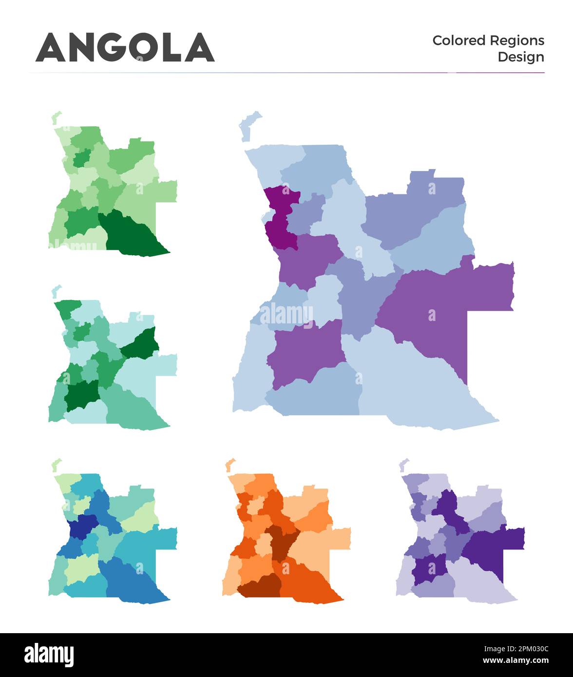 Angola Kartensammlung. Borders of Angola für Ihre Infografik. Farbige Länderregionen. Vektordarstellung. Stock Vektor