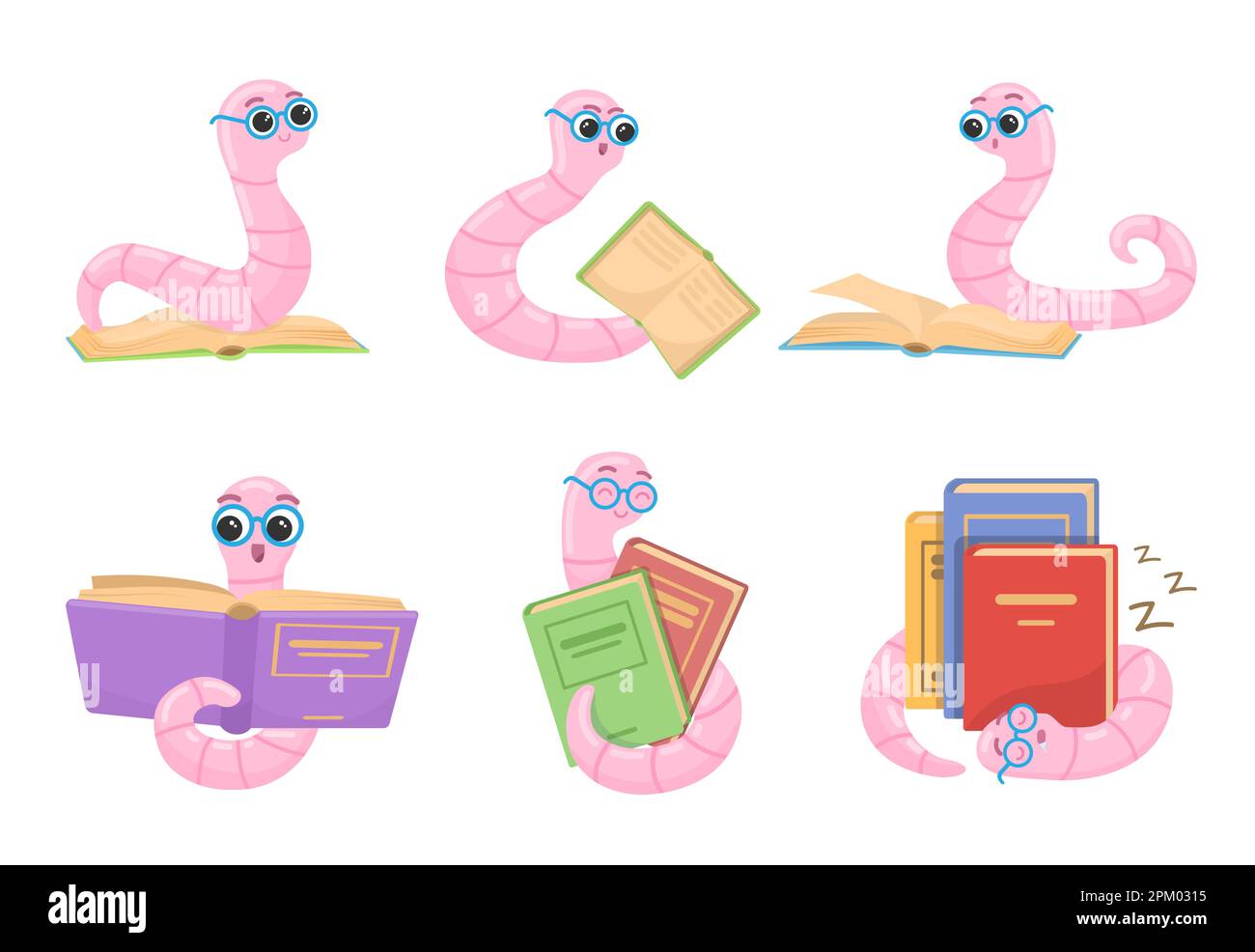 Glückliche Bücherwürmer lesen, schlafen und umarmen Bücher Cartoon Stock Vektor