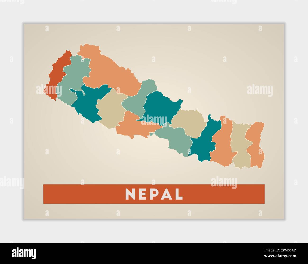 Nepal-Poster. Landkarte mit bunten Regionen. Form Nepals mit Ländernamen. Kreative Vektordarstellung. Stock Vektor